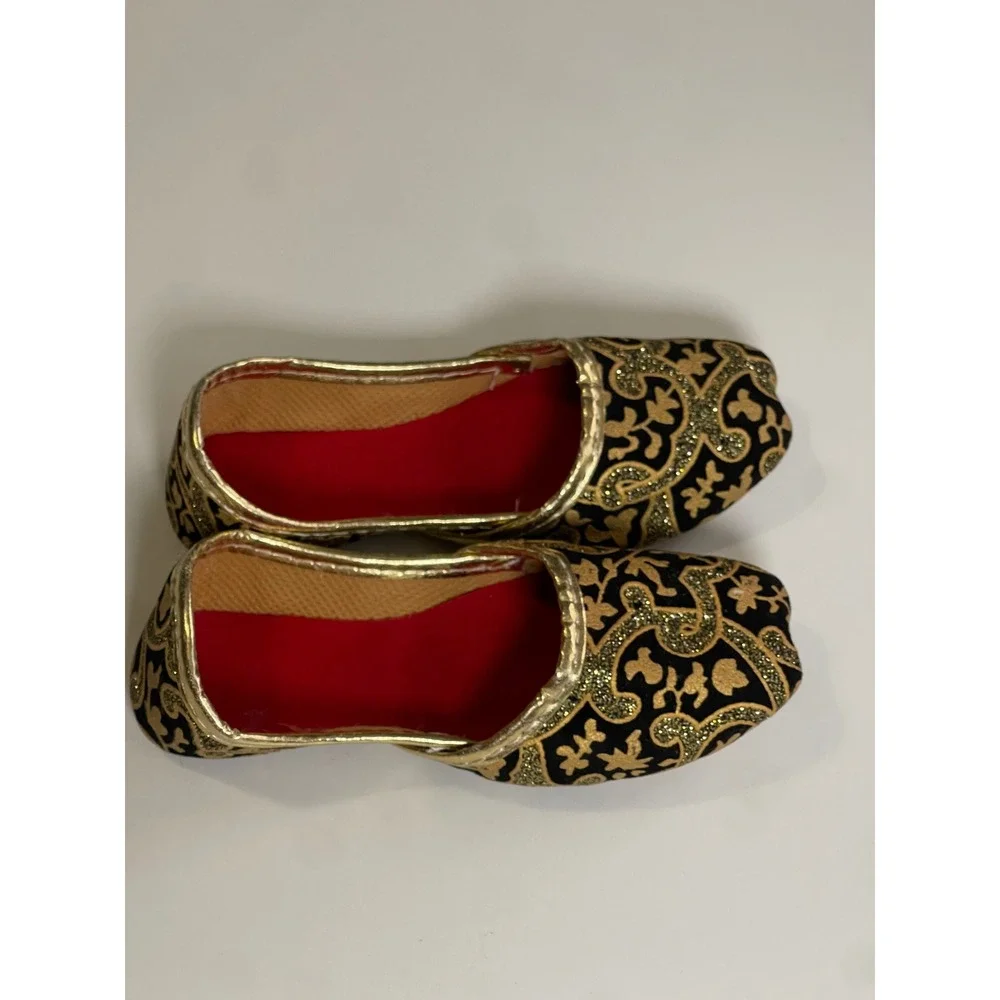 Kids Indian Ethnic Mojari Jutti Flats Black Gold Glitter Embroidery Size 6